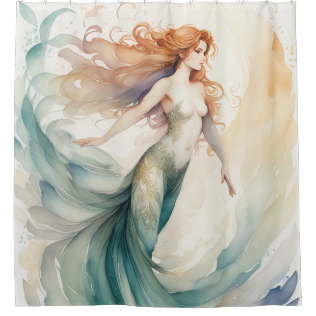 Rideaux De Douche Peinture aquarelle Sirène rouge Haired (Devant)