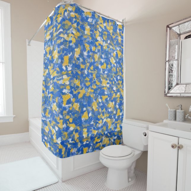 Rideaux De Douche Peinture bleu, jaune et blanc (En situation)