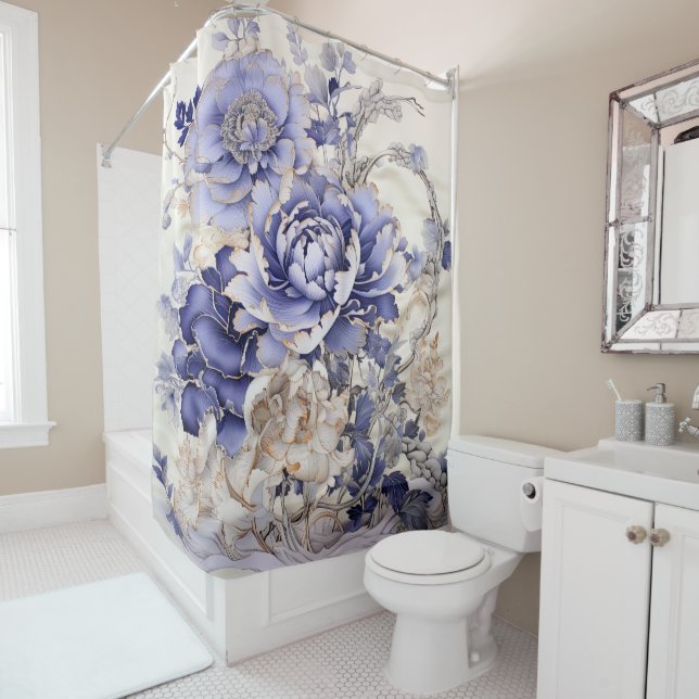 Rideaux De Douche Peinture Chinoiserie Peony en bleu et blanc (En situation)