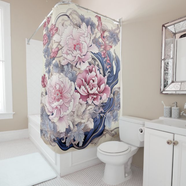 Rideaux De Douche Peinture Chinoiserie Peony en rose et bleu (En situation)