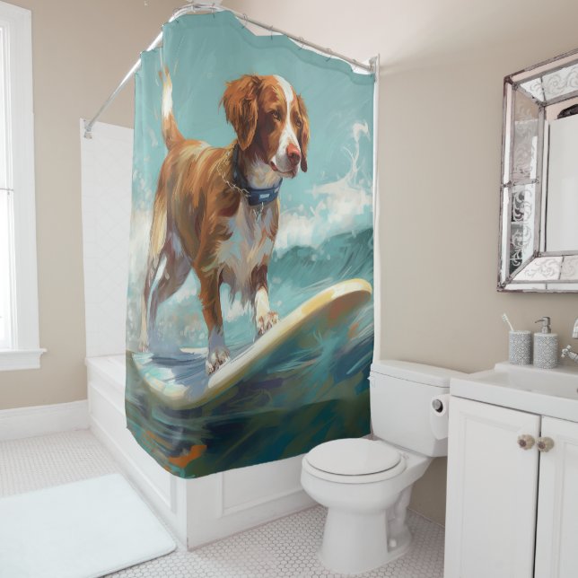 Rideaux De Douche Peinture de Brittany Spaniel faisant du surf sur l (En situation)