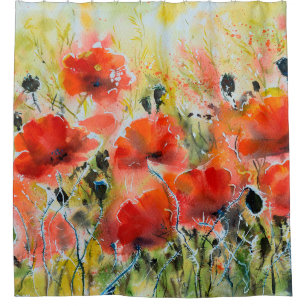 Rideaux De Douche Peinture de fleurs de pavot rouge couleur eau. Fle