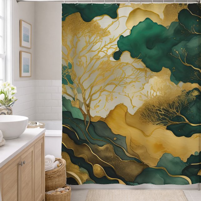 Rideaux De Douche Peinture de paysage abstrait à l'aquarelle or (Créateur téléchargé)