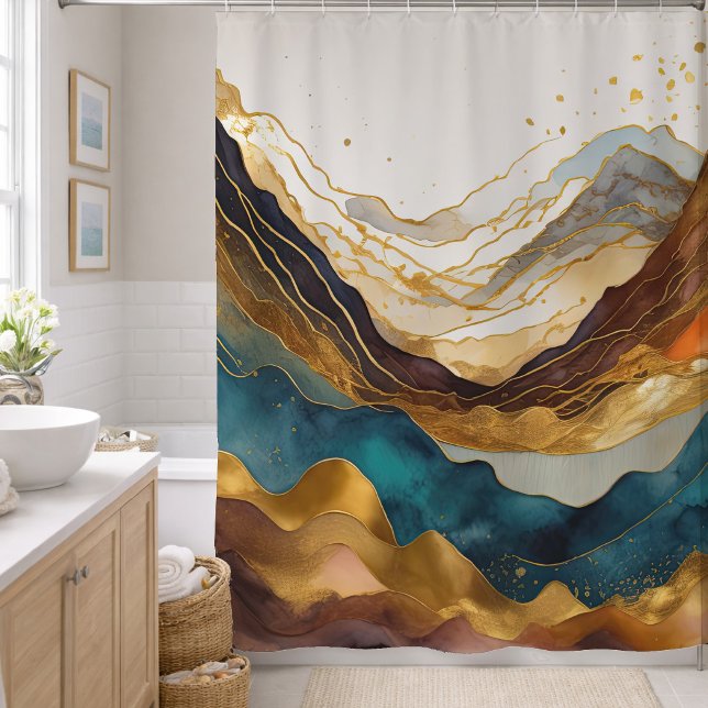 Rideaux De Douche Peinture de paysage abstrait à l'aquarelle or (Créateur téléchargé)