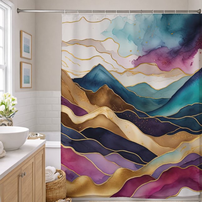 Rideaux De Douche Peinture de paysage abstrait aquarelle or (Créateur téléchargé)