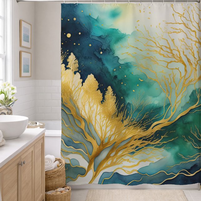 Rideaux De Douche Peinture de paysage abstrait aquarelle or (Créateur téléchargé)
