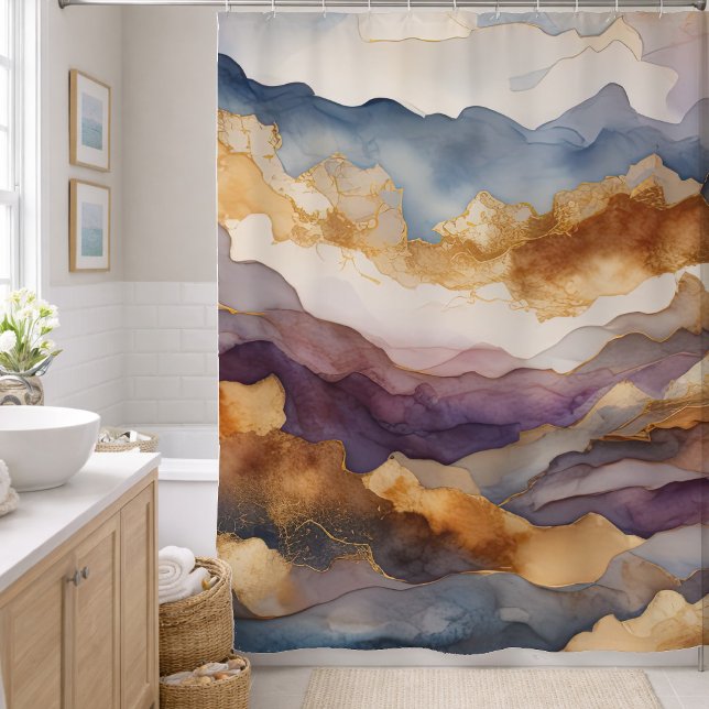Rideaux De Douche Peinture de paysage abstrait aquarelle or (Créateur téléchargé)