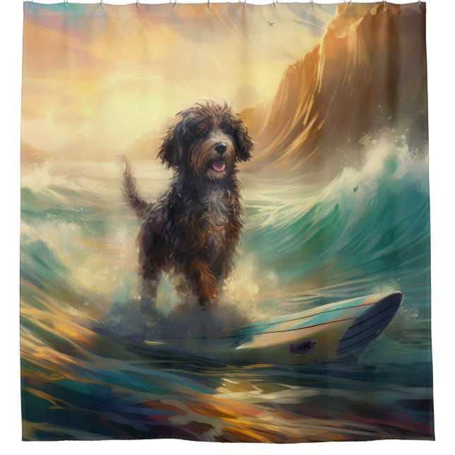 Rideaux De Douche Peinture de surf à la plage de Bernedoodle (Devant)