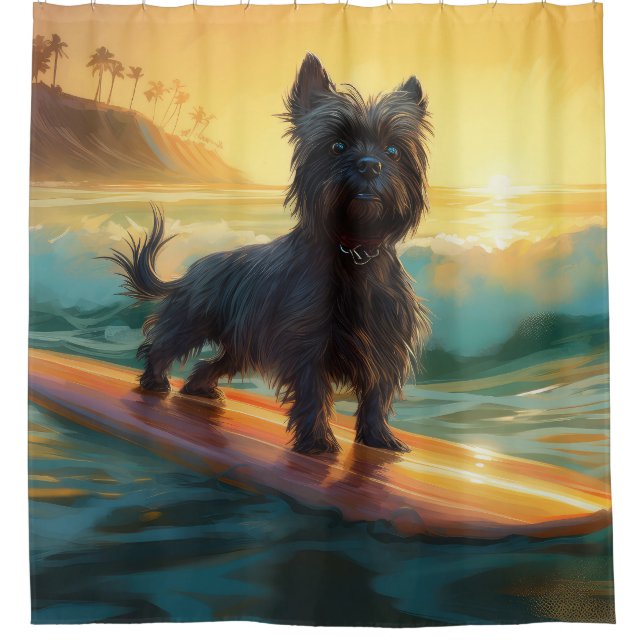 Rideaux De Douche Peinture de surf de plage Affenpinscher (Devant)