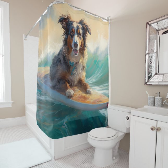Rideaux De Douche Peinture de surf de plage de berger australien (En situation)