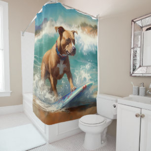 Rideaux De Douche Peinture de surf sur la plage de l'American Staffo