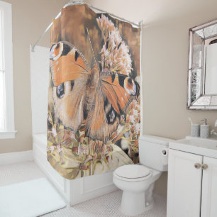 Rideaux De Douche Peinture d'un papillon orange sur douche fleurie