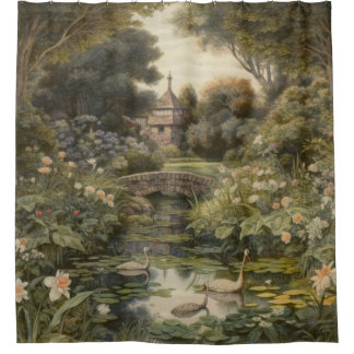Rideaux De Douche Peinture murale pittoresque de cygnes de jardin an