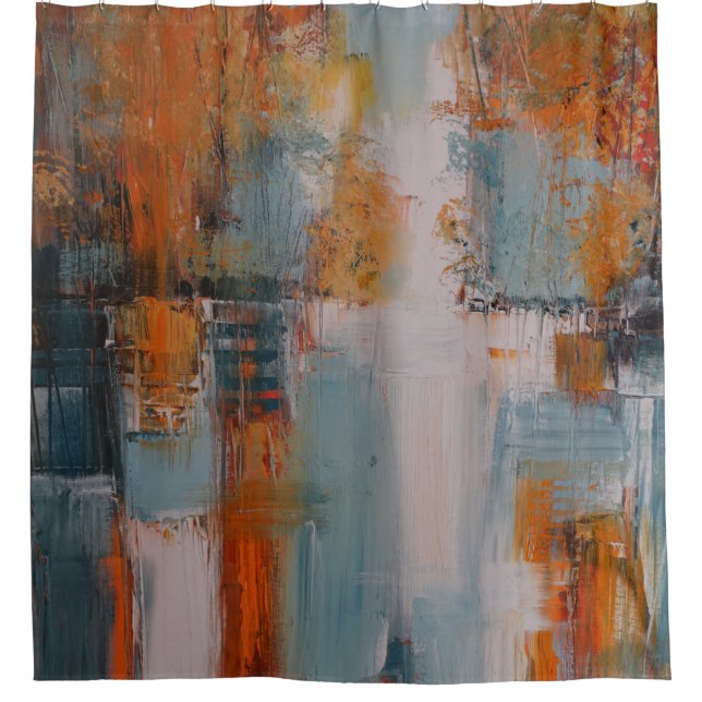 Rideaux De Douche Peinture orange, blanche et turquoise abstraite (Devant)