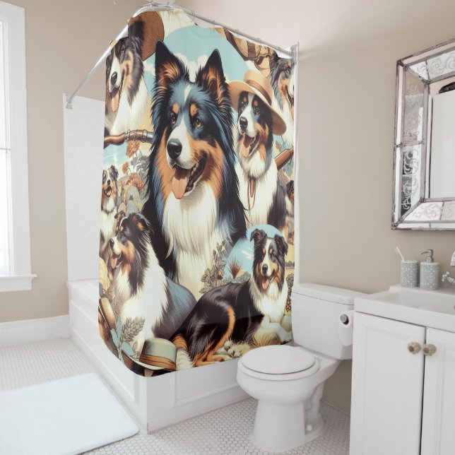 Rideaux De Douche Peinture rétro Australian Shepherd sans couture (En situation)