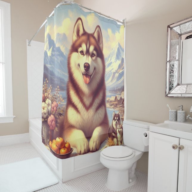 Rideaux De Douche Peinture rétro Sibérienne Husky (En situation)