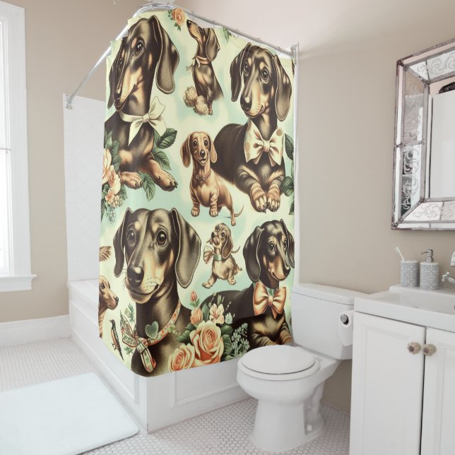 Rideaux De Douche Peinture vintage Dachshund transparente (En situation)