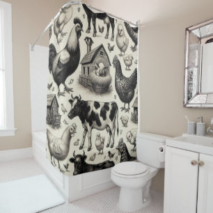 Rideaux De Douche Peinture vintage d'animaux de ferme