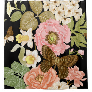 Rideaux De Douche Peonies Roses vintages : Motif Floral Noir