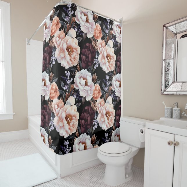 Rideaux De Douche Peonies sombres Motif floral (En situation)