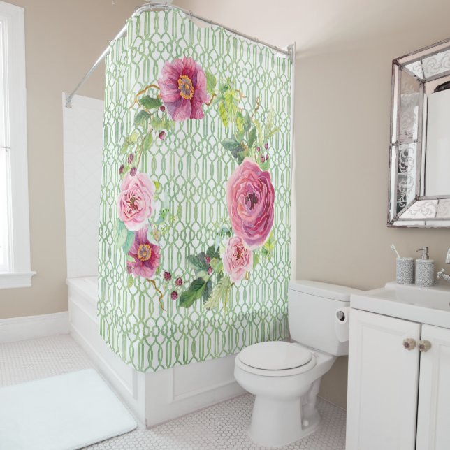 Rideaux De Douche Peony Garden Trellis Boho Wreath Rose Aquarelle (En situation)