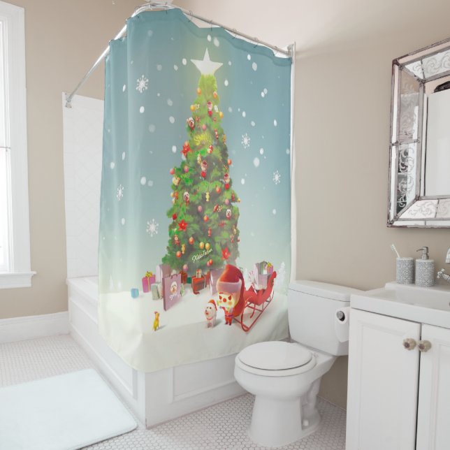 Rideaux De Douche Père Noël avec arbre de Noël (En situation)
