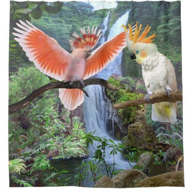 RIDEAUX DE DOUCHE PERROQUETS COCKATOOS AU PARADIS (Devant)
