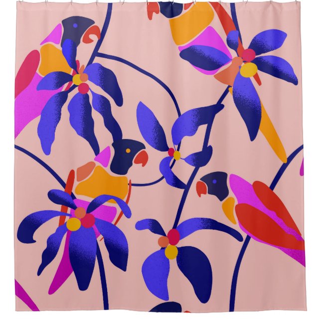 Rideaux De Douche Perroquets Vintages roses : Illustration Exotique  (Devant)