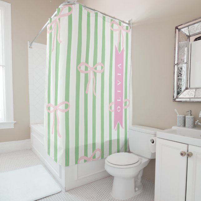 Rideaux De Douche Personalized Girly Coquette Green Stripe Bow (En situation)