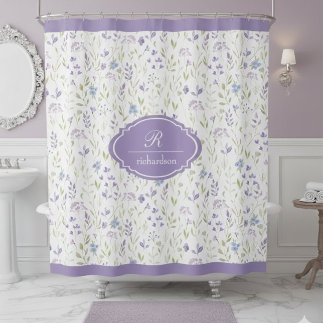 Rideaux De Douche Personalized Purple Floral Monogram (elegant classic personalized purple wildflower lavender garden shower curtain with custom monogram)