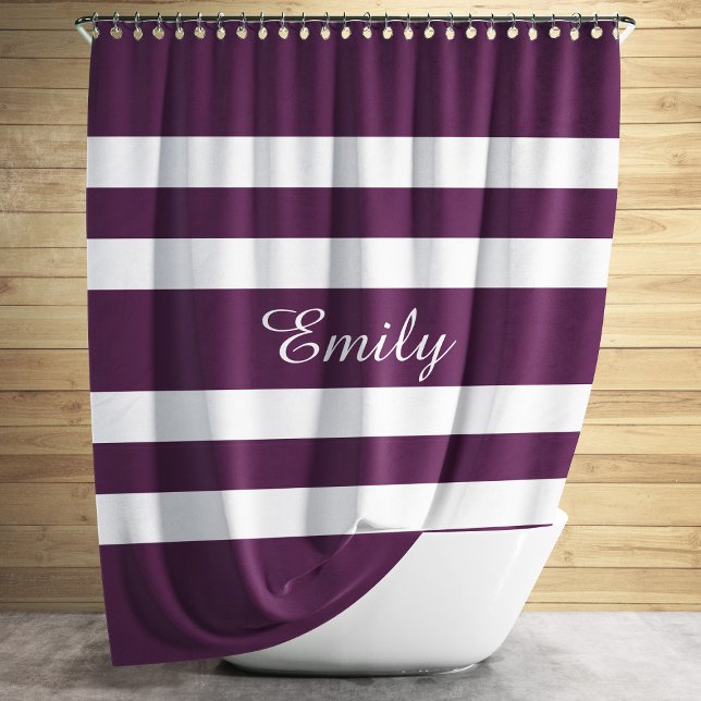 Rideaux De Douche Personnalisé Élégant Violet Blanc rayé (Modern Purple Striped Pattern Name Shower Curtain)