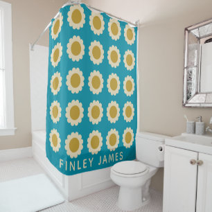 Rideaux De Douche Personnalisé Retro Daisy Motif Vibrant Turquoise B