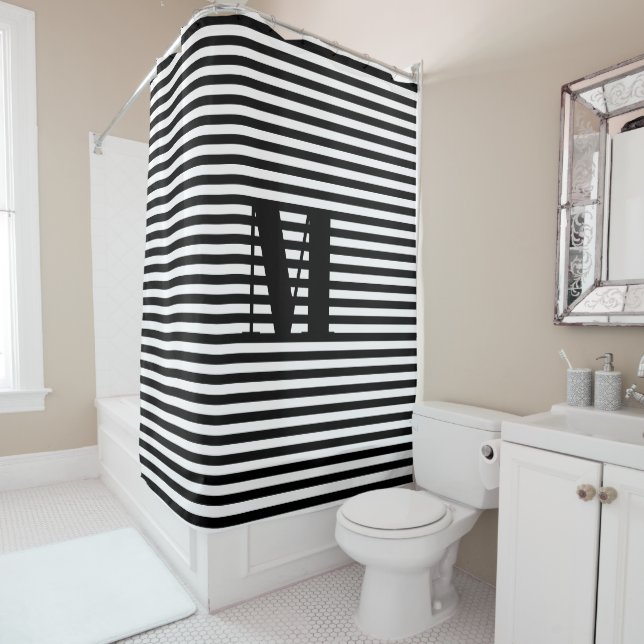 Rideaux De Douche Personnaliser monogramme initial noir blanc rayure (En situation)