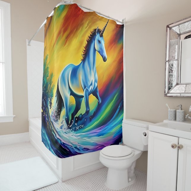 Rideaux de douche personnalisés, Rainbow Unicorn D (En situation)