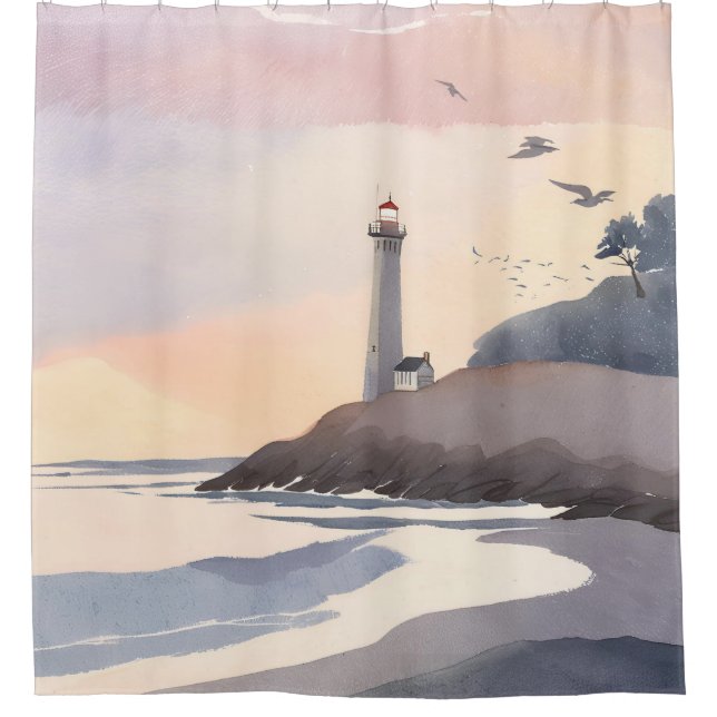 Rideaux De Douche Phare côtier | Peinture aquarelle de plage (Devant)