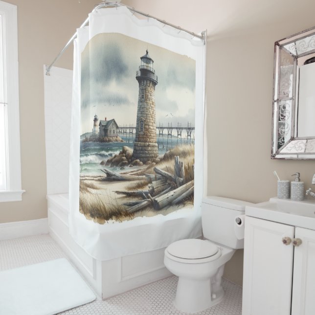 Rideaux De Douche Phare côtier rustique bord de mer (En situation)