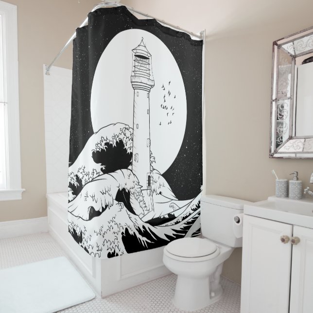 Rideaux De Douche Phare de Bell Rock noir et blanc (En situation)