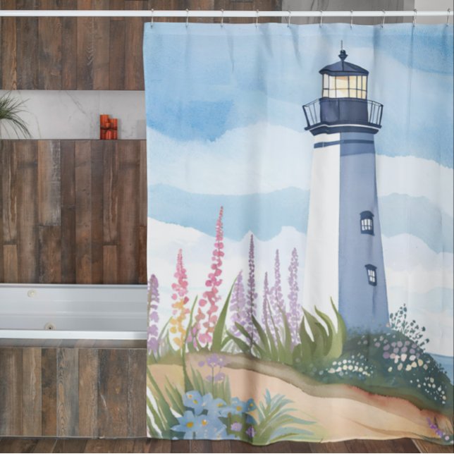 Rideaux De Douche Phare en fleurs | Floral Aquarelle Côtière (Créateur téléchargé)