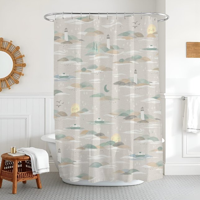 Rideaux De Douche Phare Neutre Ferry Seattle Bain Nautical (PNW-inspired shower curtain with ferries, evergreens & lighthouses in soft greige-green tones.)