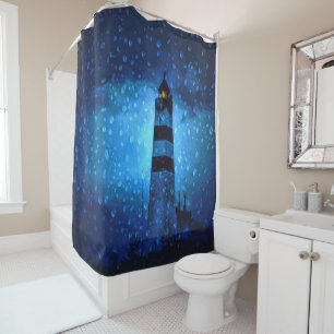 Rideaux De Douche Phare océanique une nuit bleu foncé avec des goutt