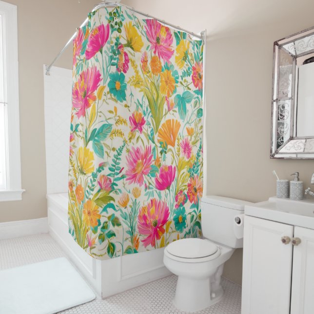 Rideaux De Douche Phoenix Art | Vibes roses et orange (En situation)
