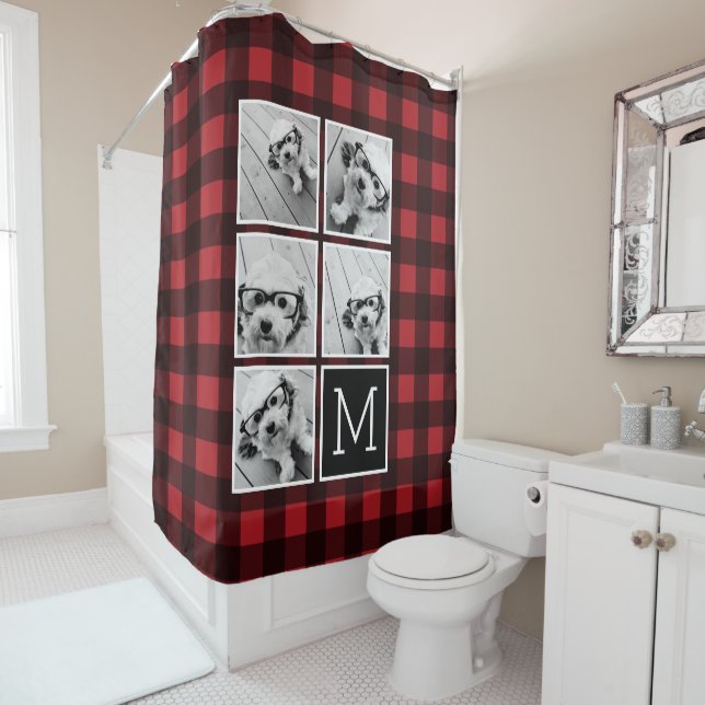 Rideaux De Douche Photo Collage - Monogramme Rouge Buffle Noir Plaid (En situation)
