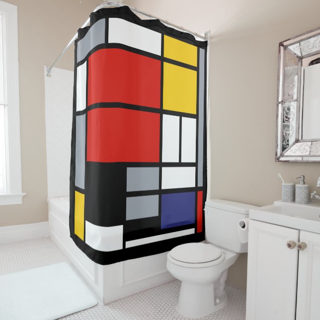 Rideaux De Douche Piet Mondrian, Grande composition au plan rouge (En situation)