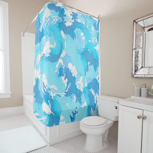 Rideaux De Douche Pinceau Abstrait bleu clair et blanc (En situation)
