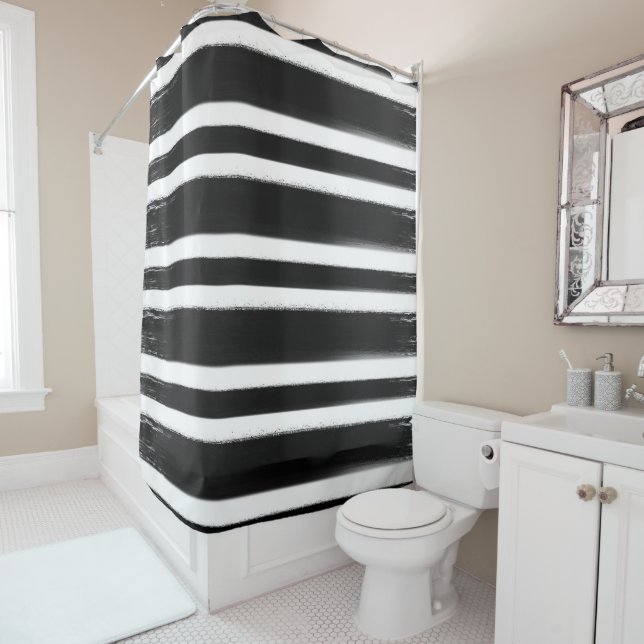 Rideaux De Douche Pinceau rayé noir et blanc (En situation)