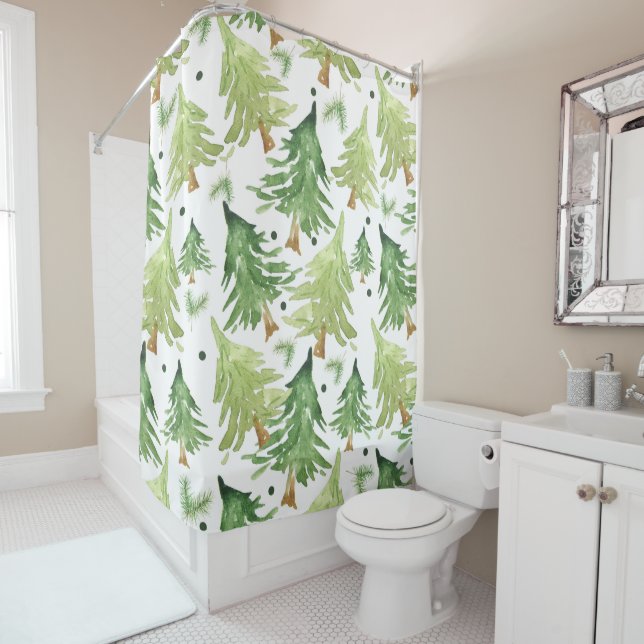 Rideaux De Douche Pinède aquarelle moderne rustique monogramme kraft (En situation)