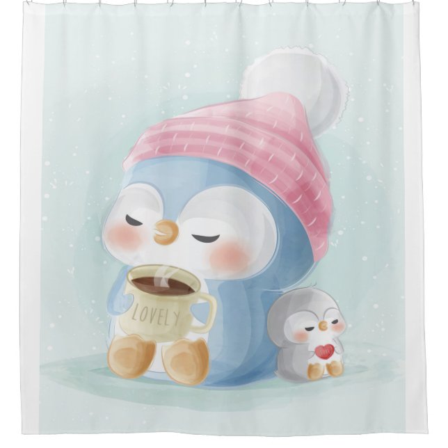 Rideaux De Douche Pingouin de dessin| Pingouin mignon avec neige (Devant)