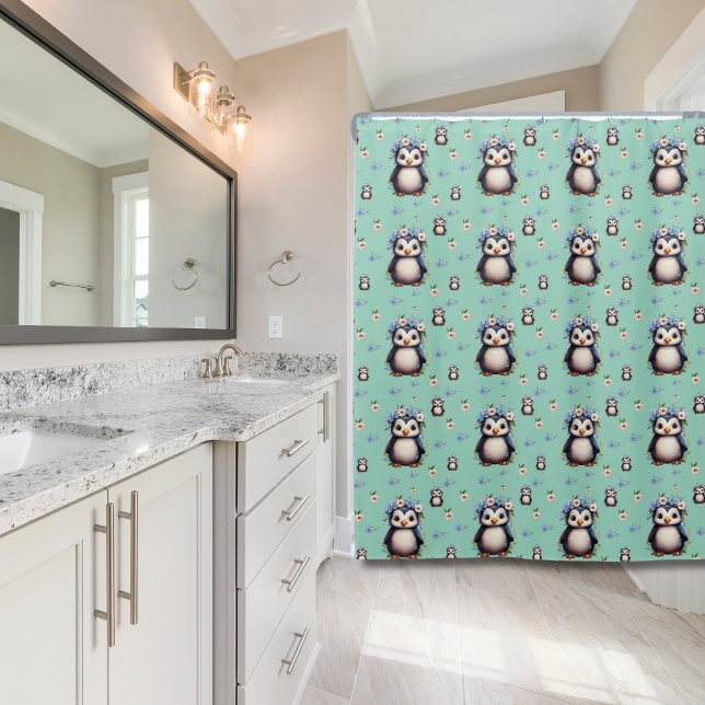 Rideaux De Douche Pingouins d'aquarelle Motif Petit printemps Turquo (Light teal penguins shower curtain, custom text, bilingual & name.)