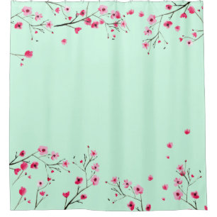 Rideaux De Douche Pink and Mint Green - Watercolor Cherry Blossom