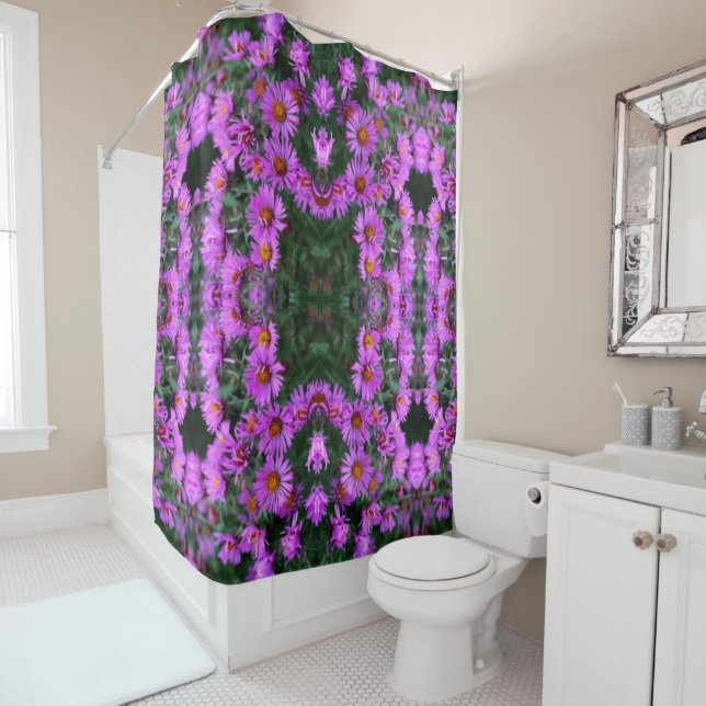 Rideaux De Douche Pink Autumn Aster Flowers Abstrait Art Motif (En situation)